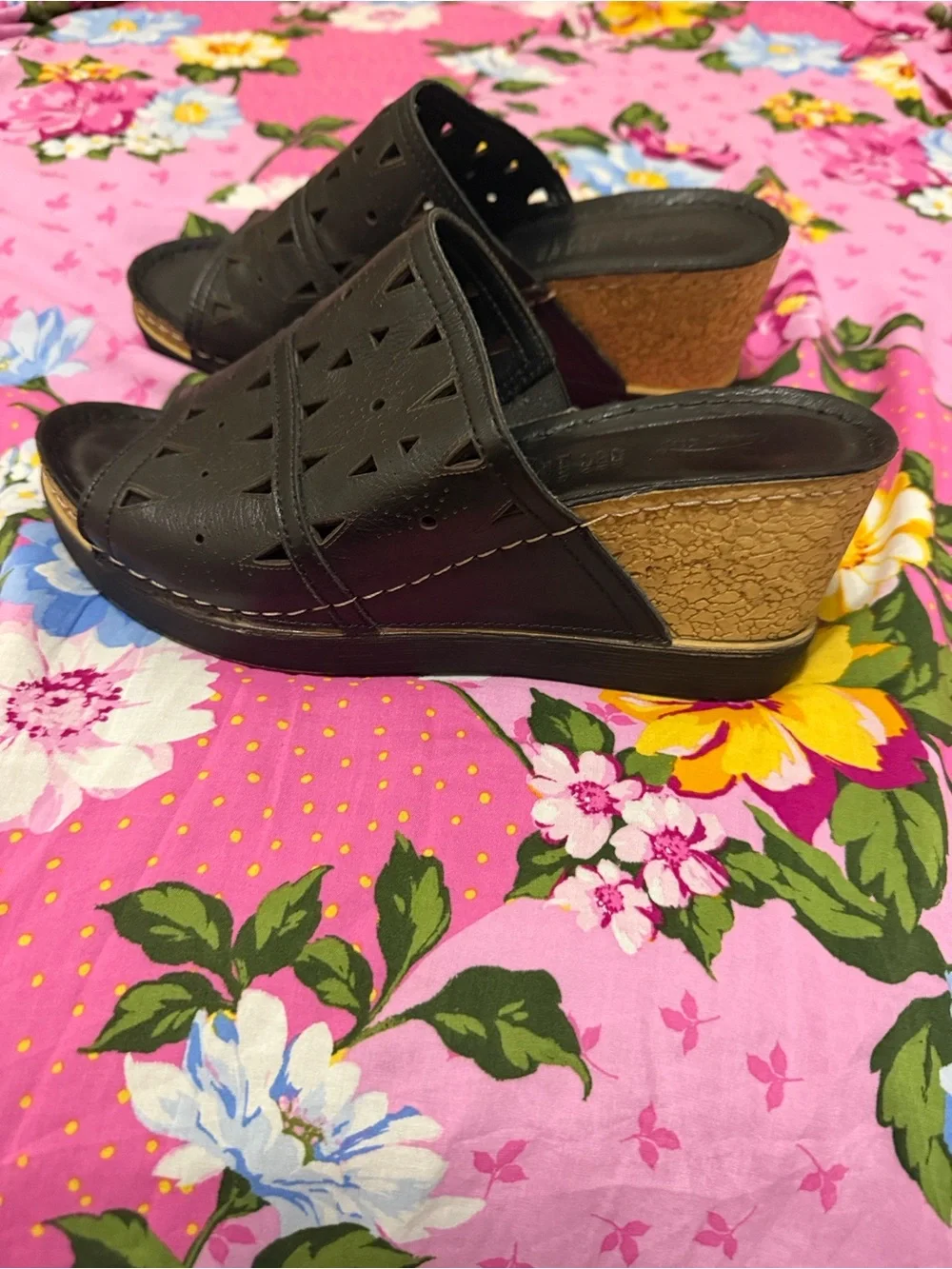Women's Black Wedge Slide Sandals with Cork-Look Heel